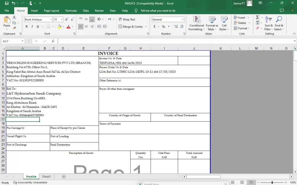 ترجمة فاتورة Excel من اللغة الانجليزية إلى اللغة العربية
